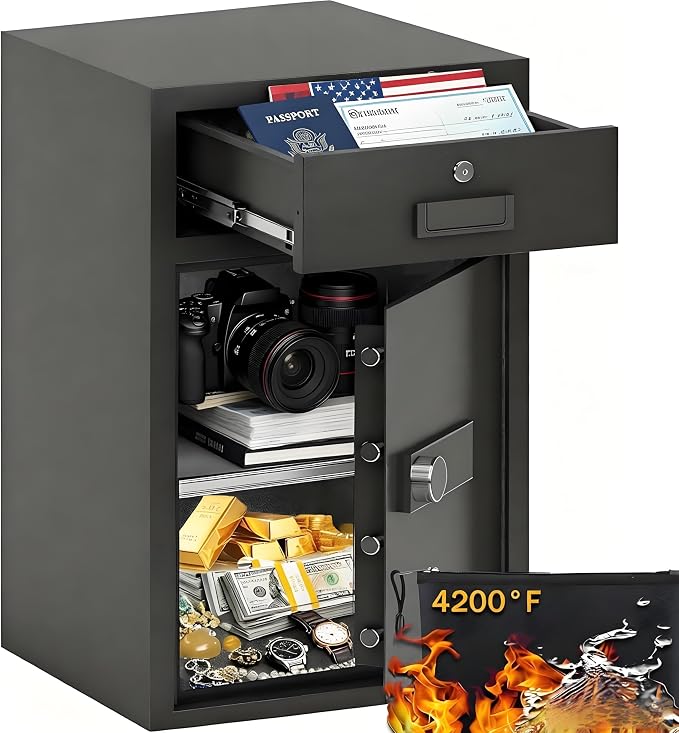 KAER 5.1 Cuft Money Safe for Home Drawer Safe Box with Mechanical Lock for Daily Cash & Keys Felt-Lined with Adjustable Shelf, Silent ＆Alarm, Fireproof Waterproof Bag, 49.2 lbs Caja Fuerte para Dinero | Adjustable Shelf, Felt-Lined, Mute/Alarm, Firepro...
