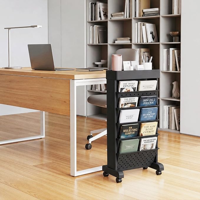 BYFU 6-Tier Rolling Bookshelf Cart, Black | Movable with Wheels, File Paper Storage Organizer, For Home Office Study Classroom