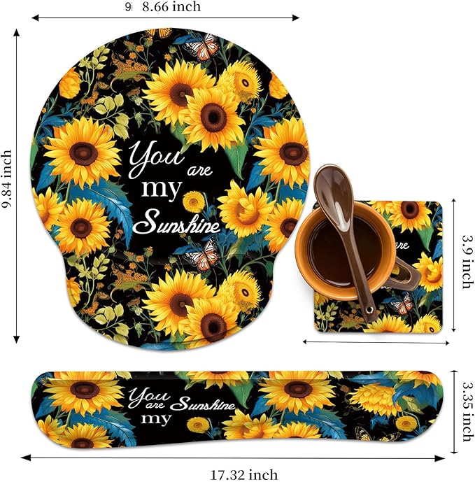 Keyboard Wrist Rest and Mouse Wrist Rest Pad with Cup Coaster,Made of Memory Foam,Ergonomic Support,Easy-Typing and Pain Relief,for Gaming Office Home Computer,You are My Sunshine Sunflower