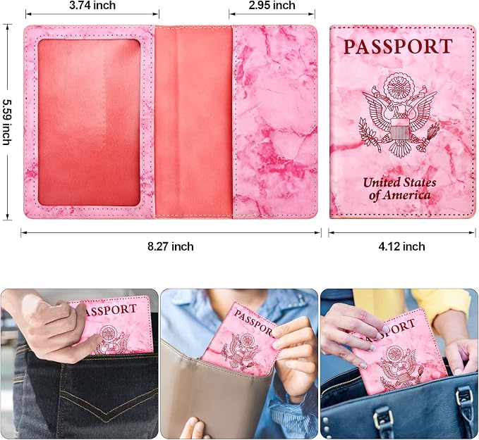 Eoehro Passport and Vaccine Card Holder, Faux Leather, E-Marble Rose Red, Unisex, 5.6"x 4"