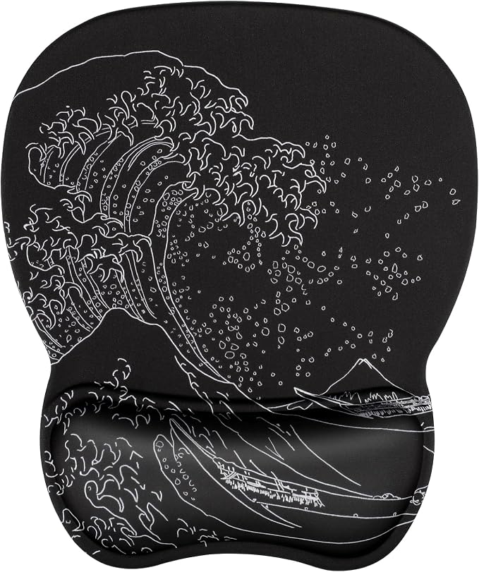 MROCO Ergonomic Mouse Pad with Gel Wrist Rest, 9.4 x 8.1 in, Kanagawa Wave | Ergonomic Shape Design, Multiple Pattern Options, Gel Wrist Comfort, Smooth Lycra Surface, Non-Slip PU Base
