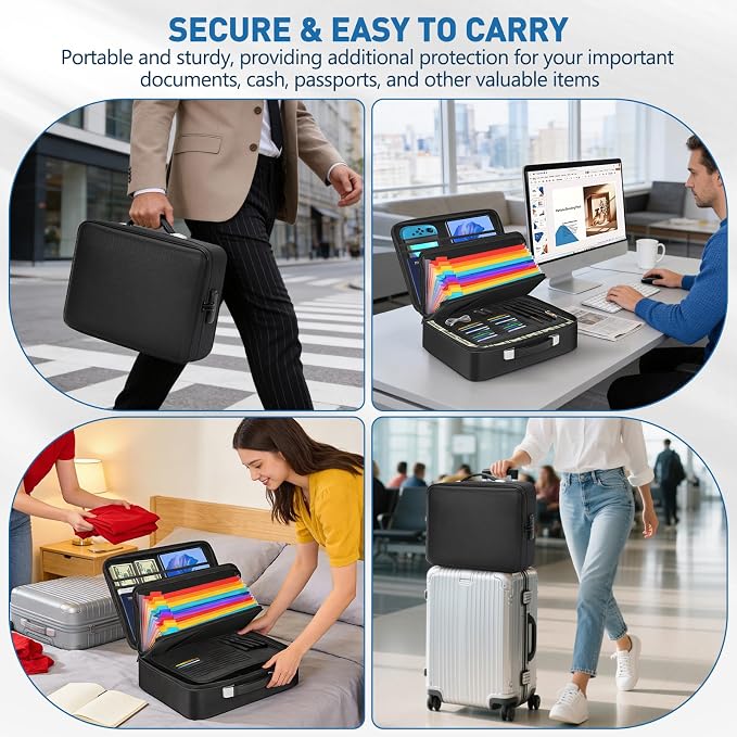 Fireproof Document Box with Combination Lock, Waterproof, Used for Storing Important Files, Certificates, Passport, Portable Travel Safe Hard Case Document Organizer (Black)