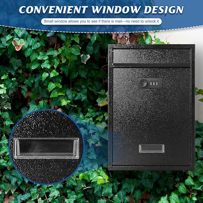 KYODOLED Locking Wall Mount Mailbox, Mail Boxes with Combination Lock for Outside, Security Cash Key Letter Drop Box with Code for House Office School,12.4H x 8.54L x 3.35W Inches, Black