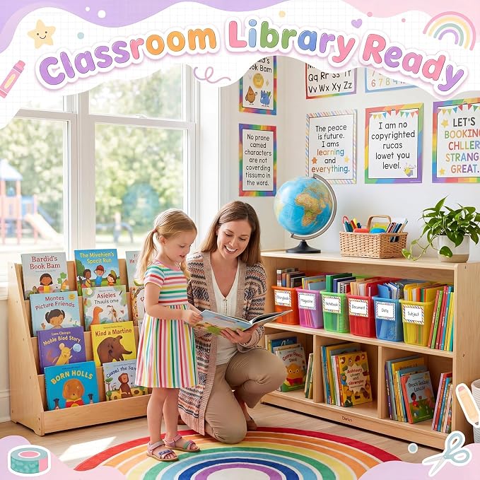 Blosssound 12 Set Book Bins for Classroom Stackable,Translucent Colorful | Plastic Baskets with Labels, Slanted Front, Library Supplies Organizers, Desktop Storage Bins, Teachers Home School Use