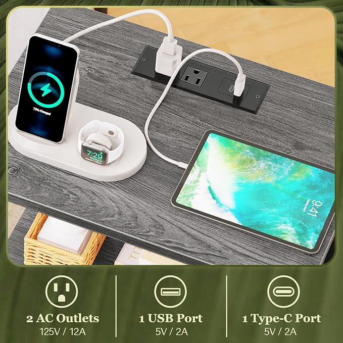 SUPERJARE Nightstand with Charging Station, USB-C Port, Bedside Table | Night Stand for Bedroom, with Adjustable Fabric Drawer, 3-Tier Storage End Table, for Living Room, Grey