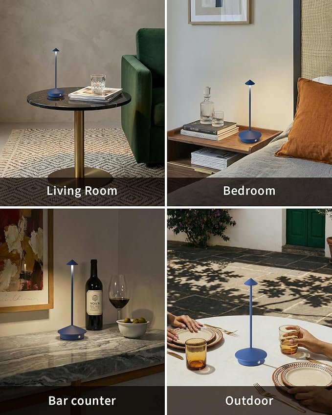 Modern Cordless Table Lamp Set of 2, Blue Portable LED Desk Lamps | 4000mAh, Rechargeable, Battery Operated Lighting for Bedroom, Dining Room, Restaurant, Coffee Shop, Camping, Night Light