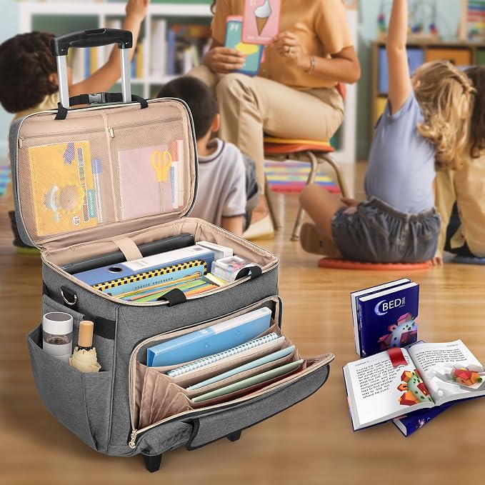 LUXJA Rolling Teacher Bag with Wheels and 15.6" Laptop Compartment, Gray | Rolling Briefcase for Women with Accordion File Area, Teacher Tote Bag for Work with Detachable Dolly and Shoulder Strap