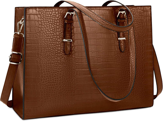 Laptop Bag for Women 15.6 Inch Laptop Tote Bag Leather Classy Computer Briefcase for Work Waterproof Handbag Professional Shoulder Bag Women Business Office Bag Large Capacity Coffee
