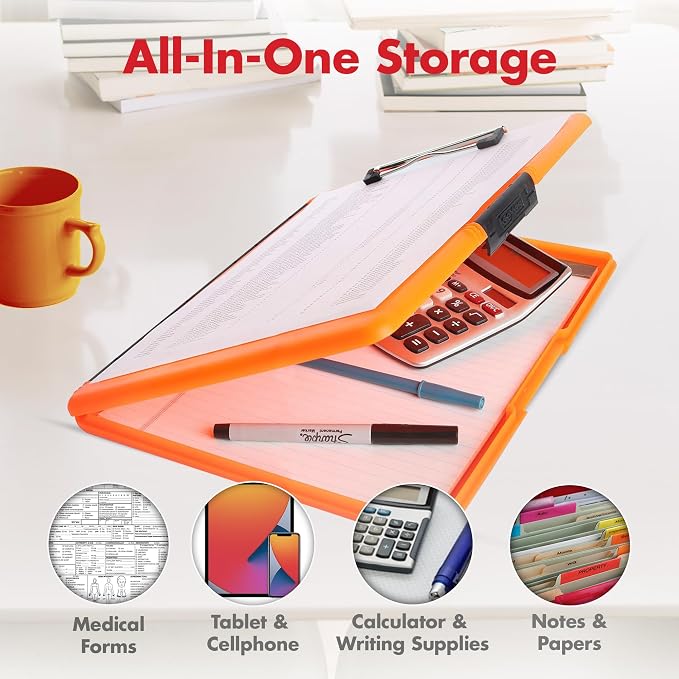 Dexas Slimcase 2 Plastic Clipboard with Storage and Side Opening, Neon Orange, Office Supplies Clipboards to Organize, Carry and Store, A4 Holder (Pack of 6)