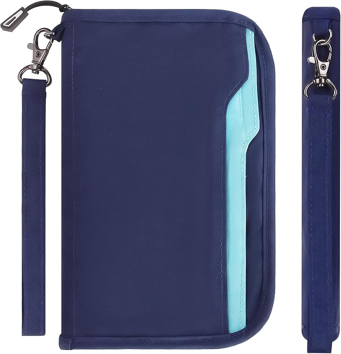 Passport Holder Family RFID Passport Wallet, Passport Holder Women/Men, Travel Wallet Documents Organizer Zipper Case with Removable Wristlet Strap, Travel Essentials for Flying