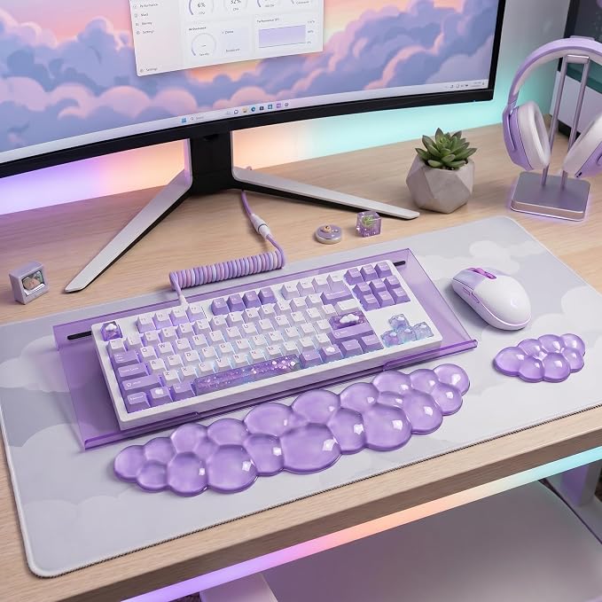Acrylic Computer Keyboard Stand with Gel Cloud Wrist Rest Keyboard Riser with Comfortable Clear Silicone Mouse Wrist Pad Ergonomic Tilted Transparent Keyboard Holder for Desktop Office Purple