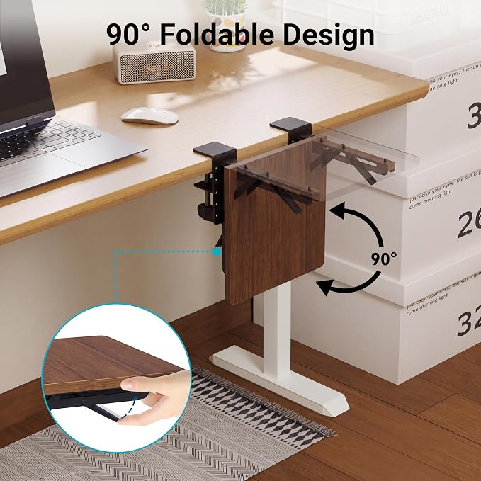 BONTEC Ergonomic Desk Extender Tray, 9.5"x9.1" Table Mount Arm Wrist Rest Shelf, 90° Foldable Elbow Support, Clamp on Computer Arm Rest for Desk, Office & Home Use, Durable & Easy to Install, Walnut