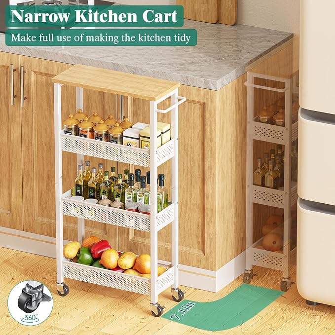 Slim Rolling Storage Cart 4 Tier Bathroom Organizer Mobile Shelving Unit Utility Cart with Wood Top and Handle for Kitchen Laundry Narrow Places, White