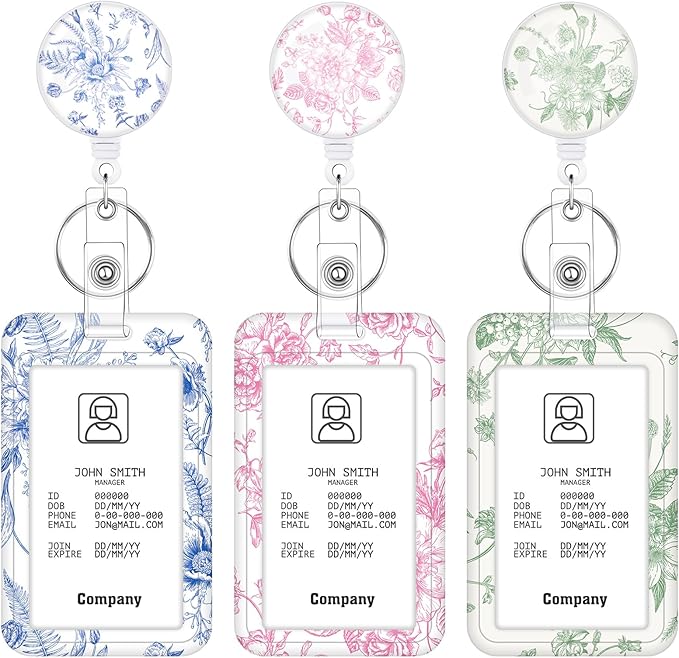 3 Set Floral Badge Holder Retractable Reel ID Badge Holders with Clip Cute Badge Holders for Teacher Nurse Doctor Student Office
