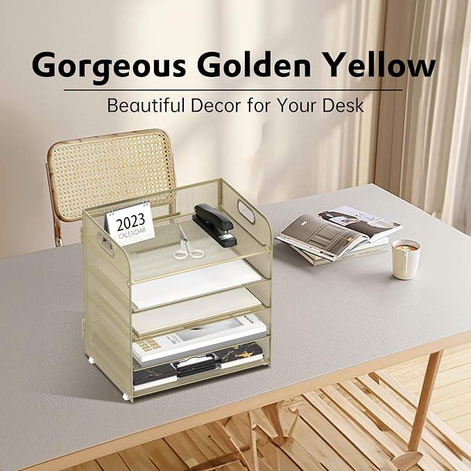 5 Trays Paper Organizer Letter Tray with Handle-Mesh Desk File Organizer,Pink Paper Sorter Desk Organizer for Office, Home or School (Gold Yellow)