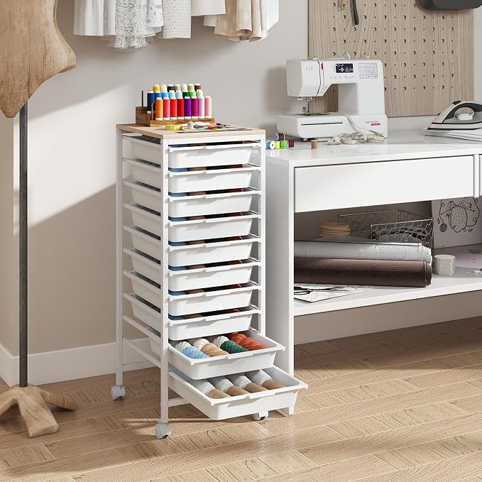 Giantex Rolling Storage Cart with 10 Drawers, Utility Cart w/Wooden Tabletop, Lockable Wheels, Multipurpose Organizer for Art Craft Books Paper, Drawer Carts for Dorm Classroom Office, White