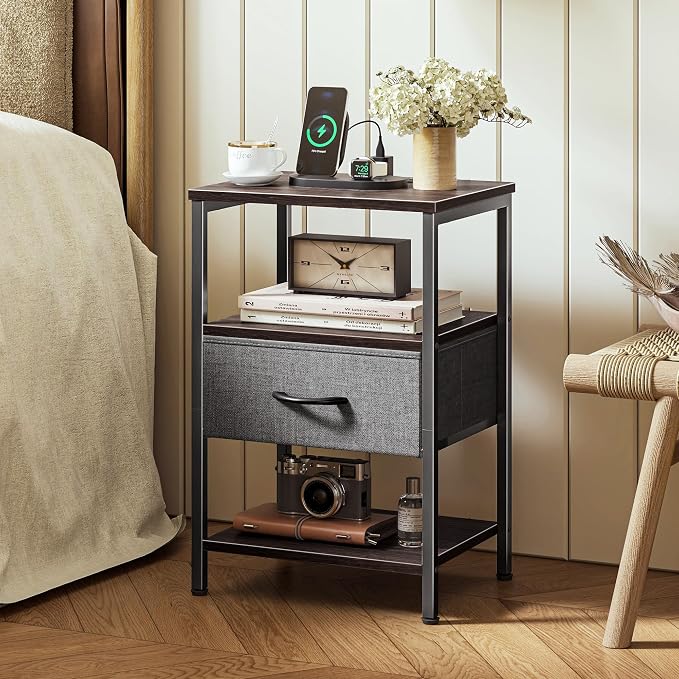 SUPERJARE Nightstand with Charging Station, USB-C Port, Bedside Table | Night Stand for Bedroom, with Adjustable Fabric Drawer, 3-Tier Storage End Table, for Living Room, Walnut