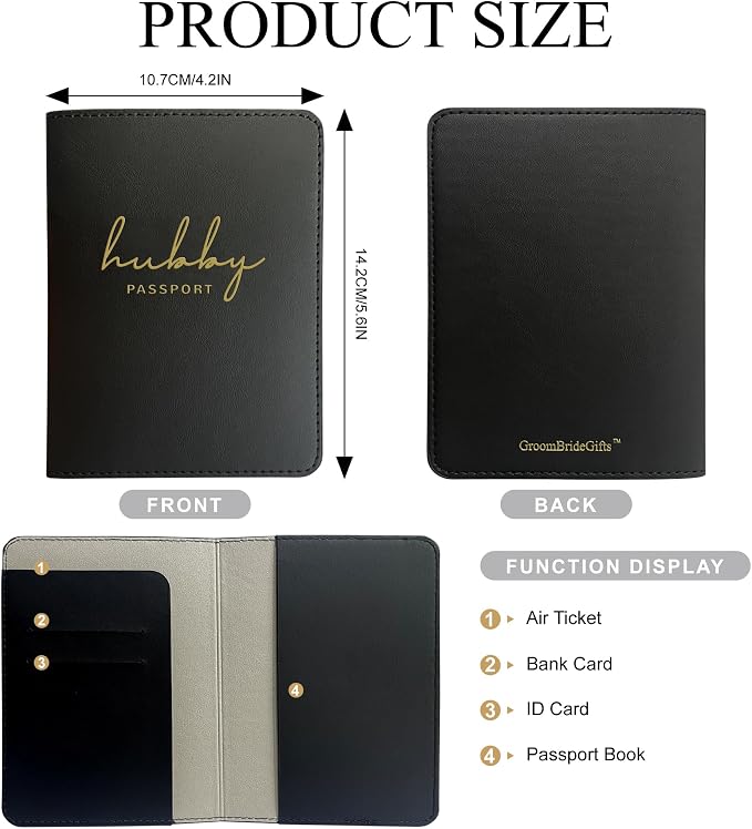 Mr&Mrs Gifts Matching Passport Holders for Bride and Groom, Hubby&Wifey Gold Foil Logo, Dual PU Leather with Card Pockets, Honeymoon Travel Essentials Gift for Newlyweds(HW Black White)