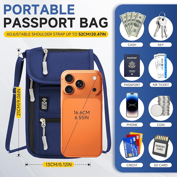 RFID Blocking Passport Holder for Travel Neck Wallet with Adjustable Lanyard 6 Compartments Pouches Passport Wallet for Family (Navy Blue)