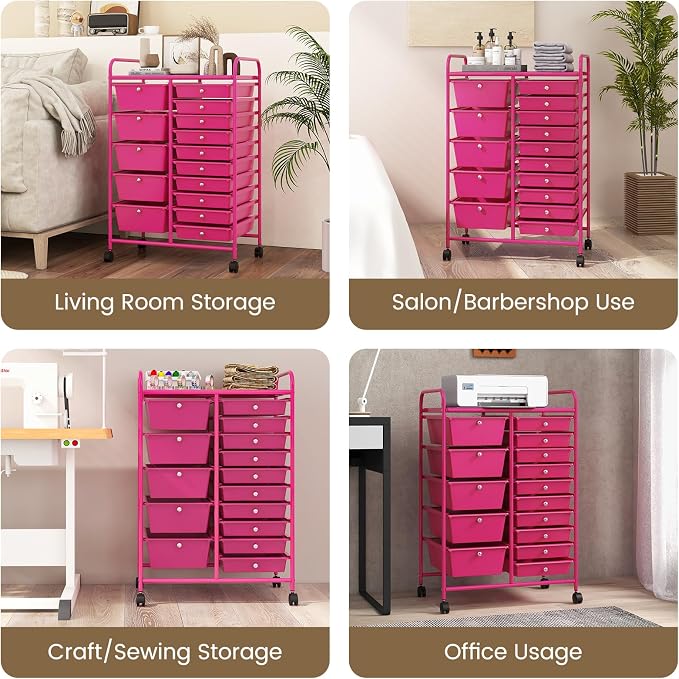 GLACER 15 Drawers Rolling Storage Cart, Steel Frame Craft Organizer Cart | Utility Cart w/Lockable Wheels & Sleek Handle, Mobile Art & Tool Supply Trolley for Teacher, Home, School, Office (Hot Pink)