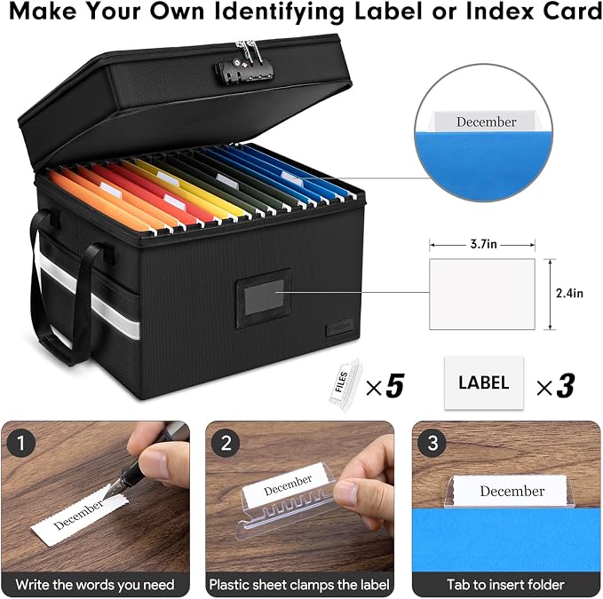 Fireproof File Oganizer with Lock, 2 Layer Fireproof Document Storage Box | Portable Office File Cabinet with 5 Tab Inserts, Collapsible File Storage for Hanging Letter, Legal Size Folder, Certificate