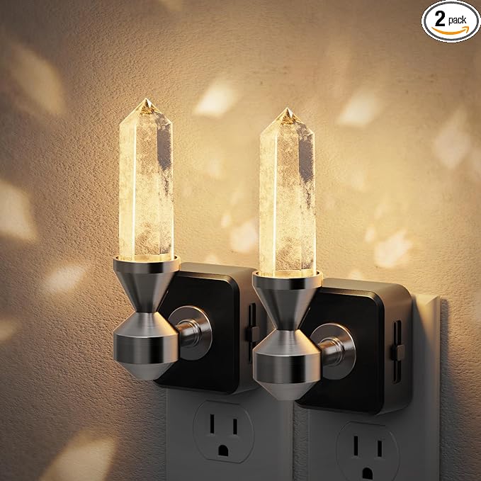 JandCase Healing Crystals LED Night Light Plug into Wall, 2 Pack Dimmable Night Lights witih Clear Quartz Tower, Dusk to Dawn Sensor Nightlights for Meditation Living Room Bedroom Home Decor