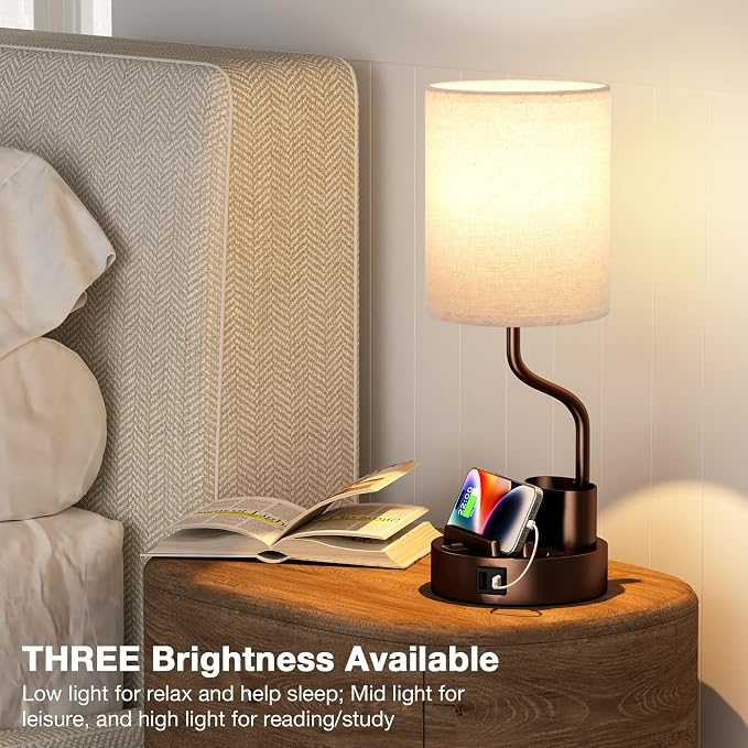 Bedside Lamps for Bedroom Set of 2 - Table Desk Lamp for Nightstand | 15" Table Lamp for Living Room with Pen Holder & Phone Stand, USB A+C Port, AC Outlet, 3 Color Temperature, LED Bulb Included