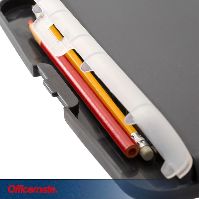 Officemate Slim Clipboard Storage Box, 14.5 x 10-Inches Letter Size Document Organizer, Low-Profile Metal Clip, Separate Pen and Pencil Compartment, Charcoal