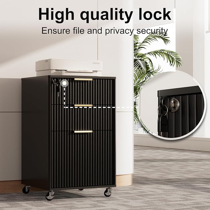 3 Drawers Fluted Mobile File Cabinet with Lock, Rolling File Cabinet Printer Stand Table, Under Desk Wooden Filing Cabinets for Home Office Essentials Storage Organization Furniture Letters/A4(Black)