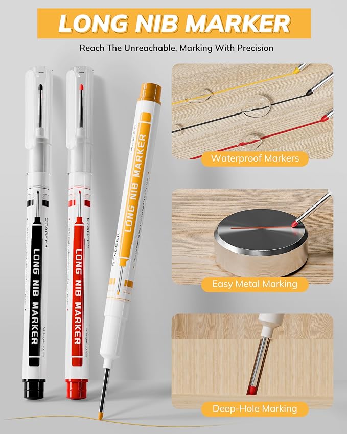 STAGEEK 2.8mm Mechanical Carpenter Pencils with Sharpener, 3 Pack | 57 Refills, Construction Pencil Heavy Duty Woodworking Tools, Waterproof Deep Hole Long Nib Marker Pens for Architect Marking