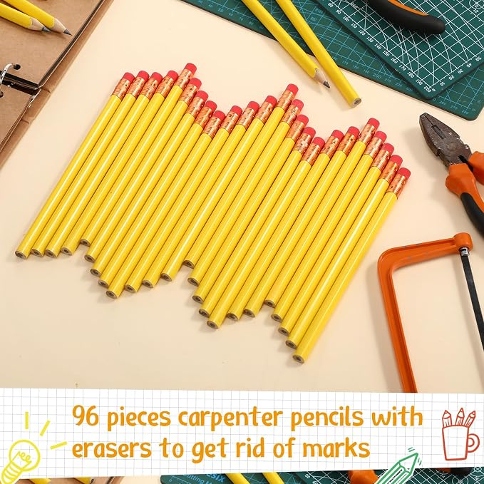 Fainne 96 Pcs Jumbo Pencil with Black Core Cedar Wooden Pencil with Eraser for Carpenters Students Teachers School Construction Woodworkers Beginners Office Workers (Yellow,Triangle)