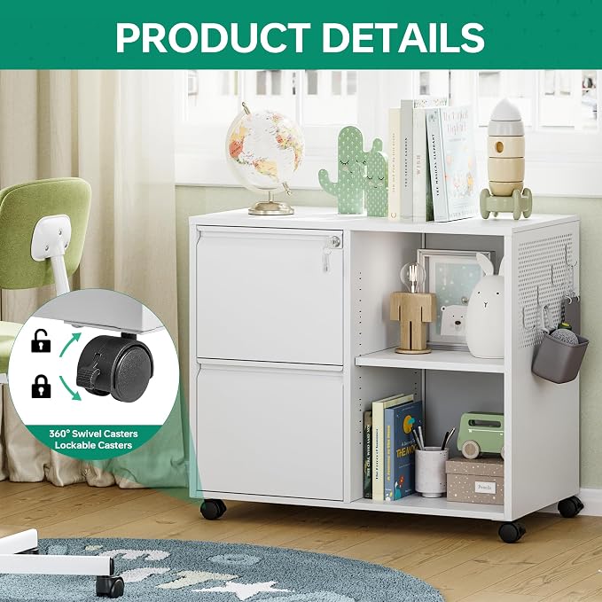 Mobile File Cabinet, Metal Lateral Rolling Printer Stand Filing Cabinets with Shelves for Home Office-Storage A4/F4/Letter (White)