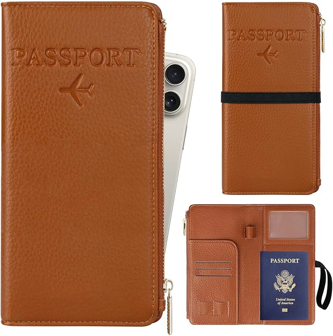 TIGARI Travel Wallet, Leather Passport Holder for Travel, Rfid Blocking Passport Wallet For Women, Zipper Pocket Card Slots Purses, Travel Document Organizer Waterproof Travel Accessories(Brown)