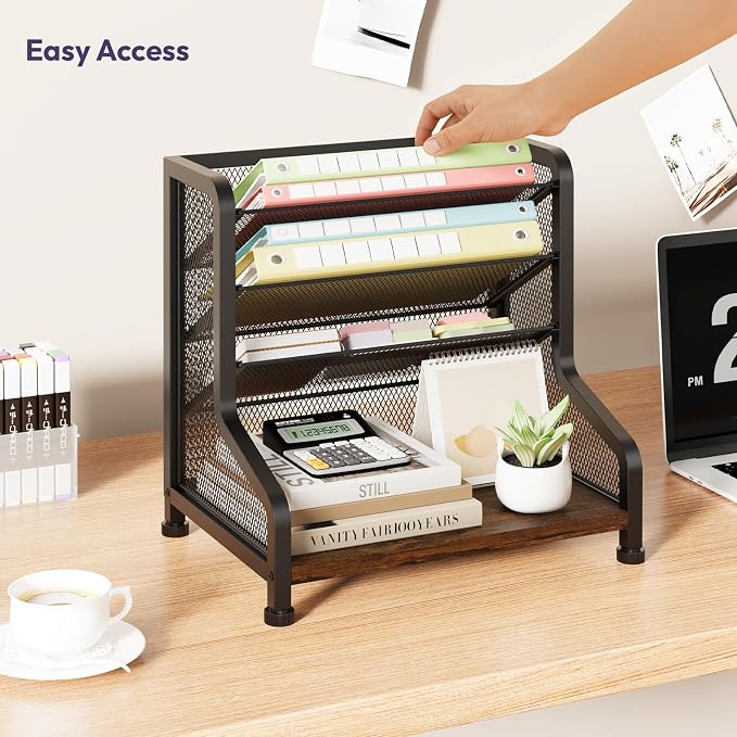 SWTYMIKI Paper Organizer, Mesh and Wood Desk Office Organizer, Office Organization and Binder Storage for Workspace, Home, School, Espresso