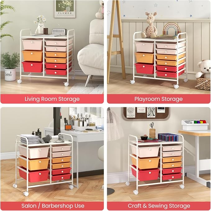 COSTWAY Rolling Storage Cart with 9 Drawer, Utility Cart with Metal Frame | Mobile Art Supply Craft Organizer, Multipurpose Storage Organizer for Paper, Office, School Teacher, Classroom, Macaron