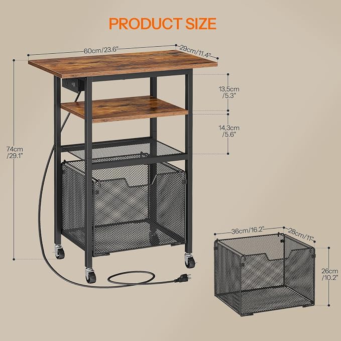 HOOBRO Printer Stand with Hanging File Drawer, Rolling Printer Cart on Wheels, Mobile Filing Cabinet Storage Shelf, Home Office Desk Side Organizer, Rustic Brown and Black BF17UPS01