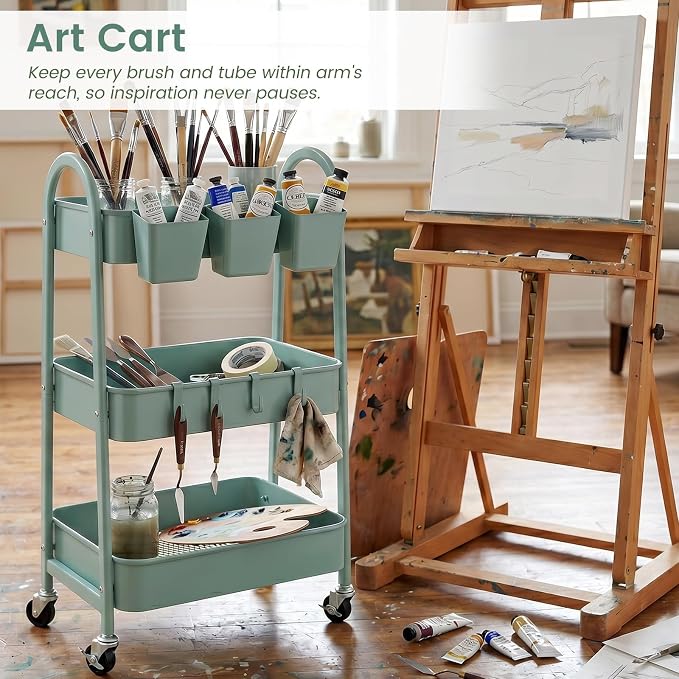 3-Tier Rolling Cart, Utility Cart Mobile Metal Rolling Storage Cart with Lockable Wheels & Hanging Cups & Hooks for Kitchen, Bathroom, Office, Workshop, Green