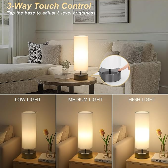 Touch Table Lamp, 3-Way Dimmable Bedside Lamp with Cylinder Fabric Shade | Modern Minimalist Accent Nightstand Desk Lamp, Night Light for Bedroom Living Room Kitchen, LED Bulb Included