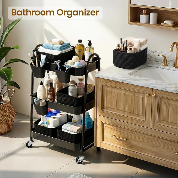 3-Tier Rolling Utility Cart with 4 Woven Baskets, Diaper Book Snack Cart, Storage Organizer for Nursery, Kitchen, Craft Room, Home SPA, Living Room, Metal Frame Trolley on Lockable Wheels, Black