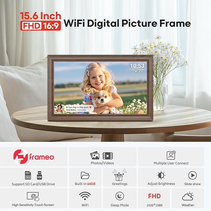 64GB 15.6" Frameo Digital Picture Frame WiFi, Large Electronic Photo Frames Wood 1920 x 1080 IPS FHD Touch Screen, Send Photos from Your Phone from Anywhere, Best Gifts for Family and Friends