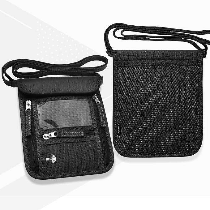 WALNEW Passport Holder Neck Pouch Travel Wallet for Women and Men, RFID Blocking Security Slim Traveling Wallet with Around Neck Lanyard Strap, Black | Around Neck Lanyard Strap, Travel Safety Anti Theft Bag, Neck Wallet for Traveling Women Men