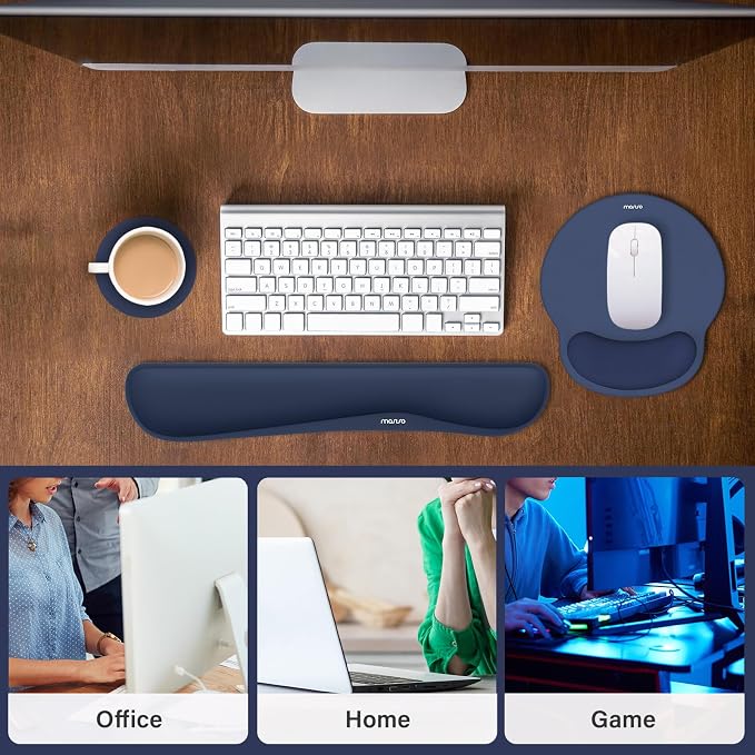 MOSISO Wrist Rest Support for Mouse Pad&Keyboard Set, Navy Blue | Streamline Ergonomic Mousepad&Coaster Non-Slip Base Home/Office Pain Relief&Easy Typing Pad with Soft Cloth&Silicone Lining