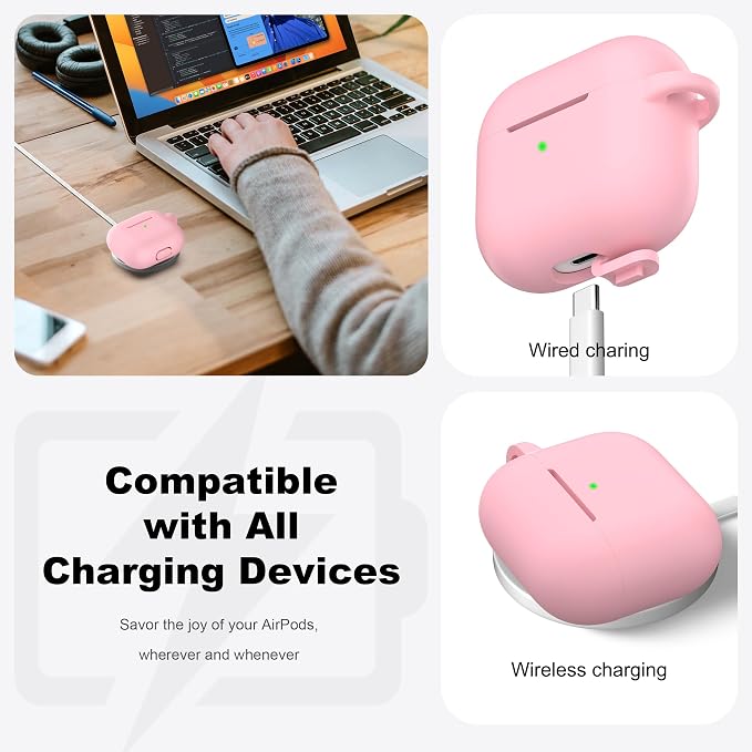R-fun Compatible with AirPods 3 Case Cover, Silicone Protective Accessories Skin with Keychain Compatible with Apple AirPod 3rd Generation 2021 for Women Men Girls Boys,Front LED Visible,Pink