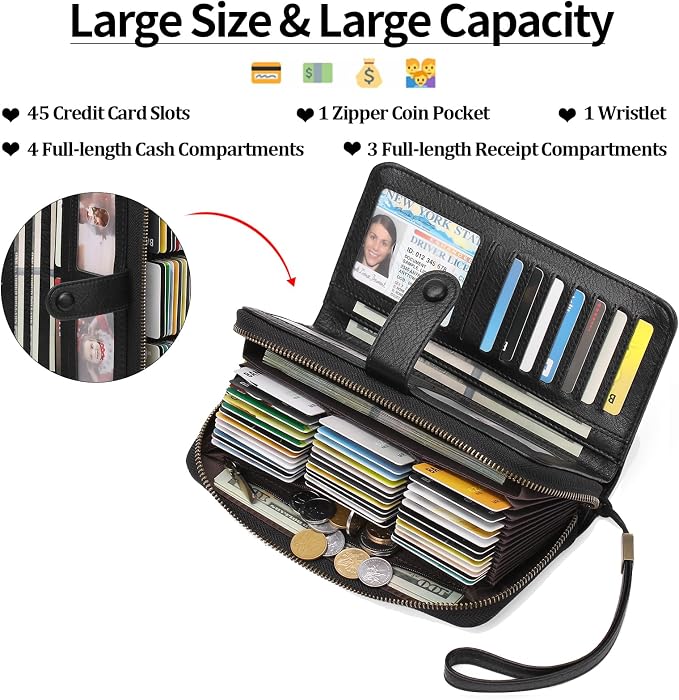 GAEKEAO Leather Credit Card Holder Wallet for Women RFID Blocking Large Capacity Bifold Zipper Card Case Organizer with Wristlet 45 Slots