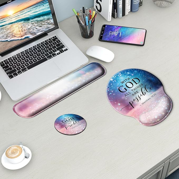 Mouse Pad and Keyboard Wrist Rest Support,Ergonomic Mouse Pad Set | Mousepad With Coaster and Non-Slip PU Base,Pain Relief for Desk Desktop Gaming, Computer,Office -Beach