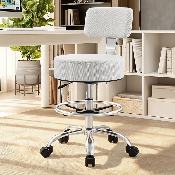 Office Drafting Chair with Footrest, Tall Height Adjustable Stool with Back Support, Heavy Duty Rolling Stool Chair with Wheels for Office Home Kitchen Bar Shop Guitar Studio Vanity, Gray