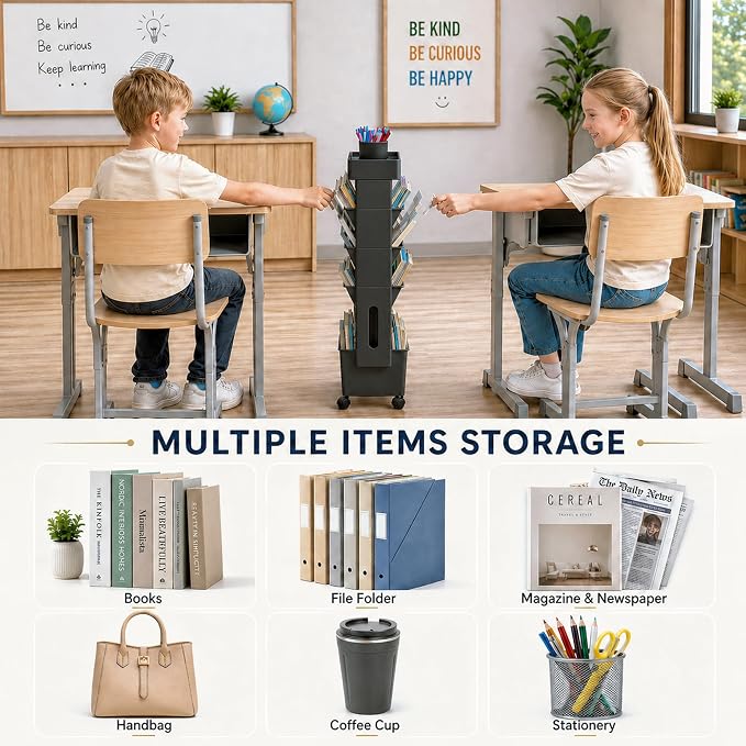BYFU 5-Tier Rolling Bookshelf Cart, 30.7" H, Black | Movable with Wheels, File Paper Storage Organizer, For Home Office Study Classroom