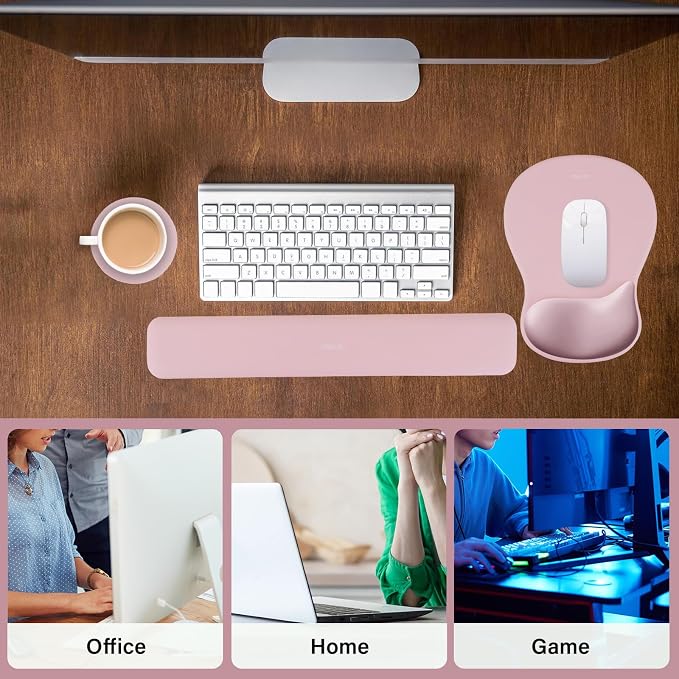 MOSISO Wrist Rest Support for Mouse Pad & Keyboard Set, Pink | Ergonomic Mousepad&Coaster, Non-Slip Base Home/Office Rectangular Easy Typing Pad with Soft Cloth&Curved Memory Foam