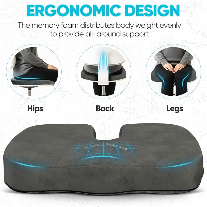 FORTEM Seat Cushion, Office Chair Cushion, Memory Foam Car Seat Cushions, Sciatica Coccyx Tailbone Pain Relief, Chair Cushions for Back Support, Sitting Pad for Gaming, Washable Cover, Non Slip