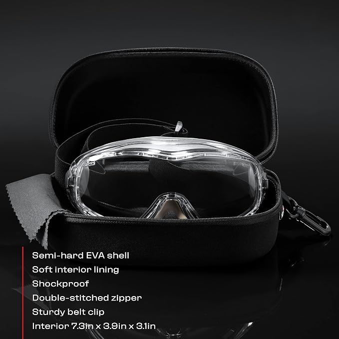 NoCry Protective Goggle Case; Fits Most Goggles; Semi Hard, Water Resistant and Shockproof Outer Shell; Reinforced Zipper; Belt Clip; Designed to Fit All Safety Goggles; Black